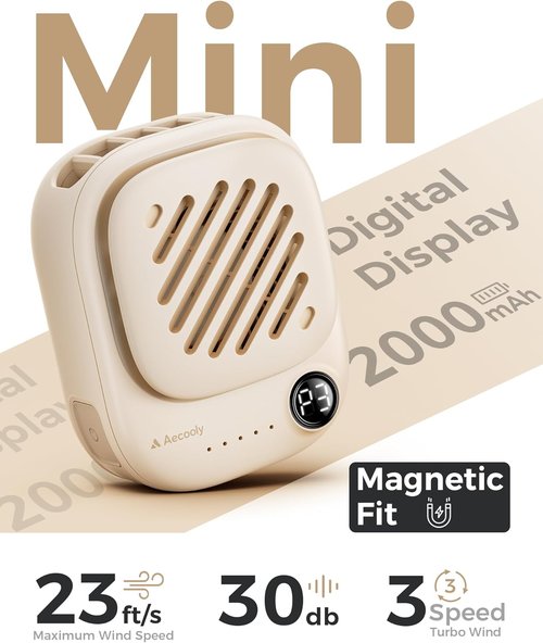 Aecooly Mini Portable Neck Fan - Hands-Free USB Rechargeable Fan with 10H Cooling Time | Travel-Friendly Beige