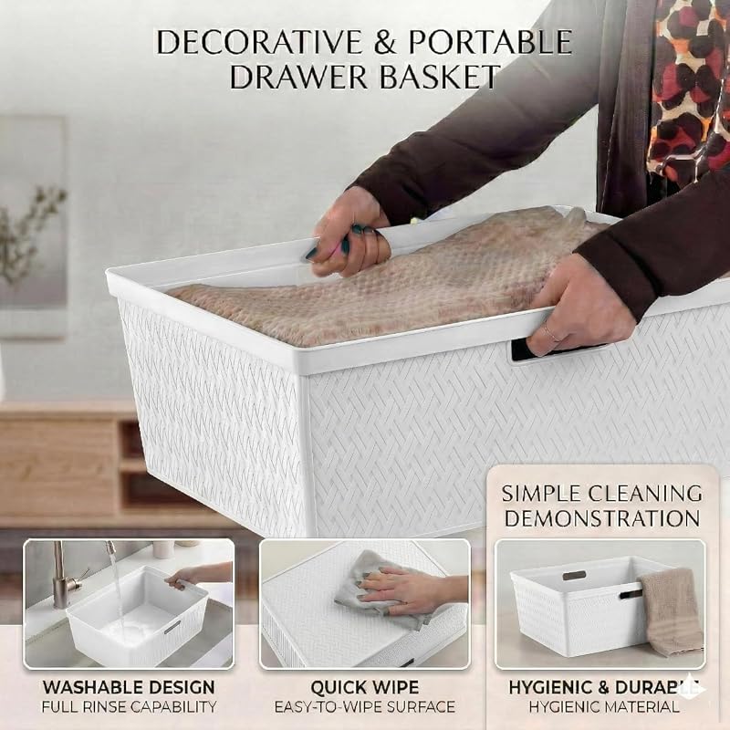 2 Pack Wide 3-Drawer Storage Tower with Removable Bins — White Cross-Weave Organizer (Variation: White)