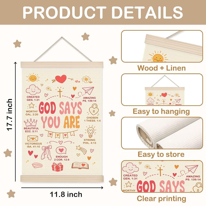 Pink 11x17 Christian Girls Wall Art Banner - God Says You Are Scripture, Oxford Cloth