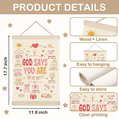 Pink 11x17 Christian Girls Wall Art Banner - God Says You Are Scripture, Oxford Cloth