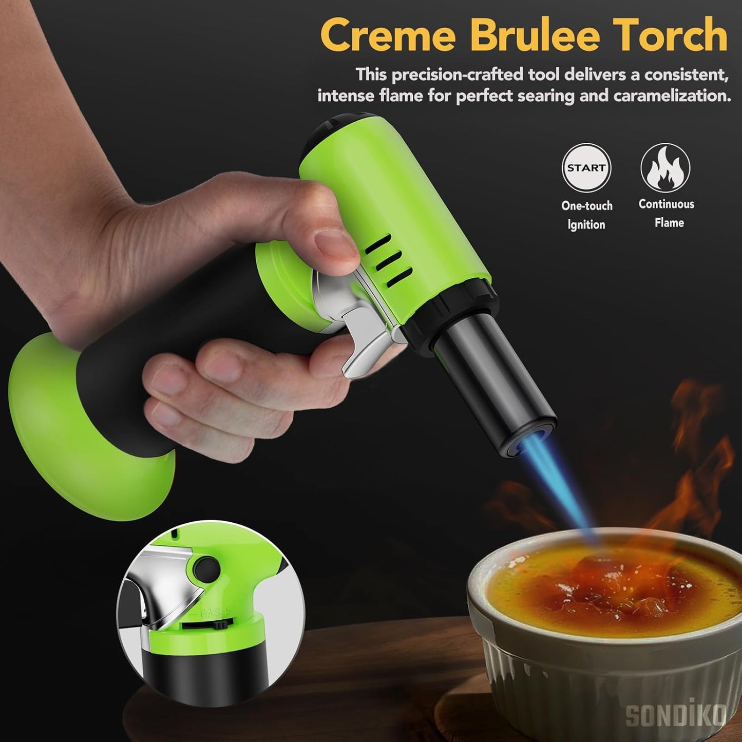 Sondiko Butane Torch - Refillable Soldering Lighter with Adjustable Flame | Fuel Gauge, Green & Black