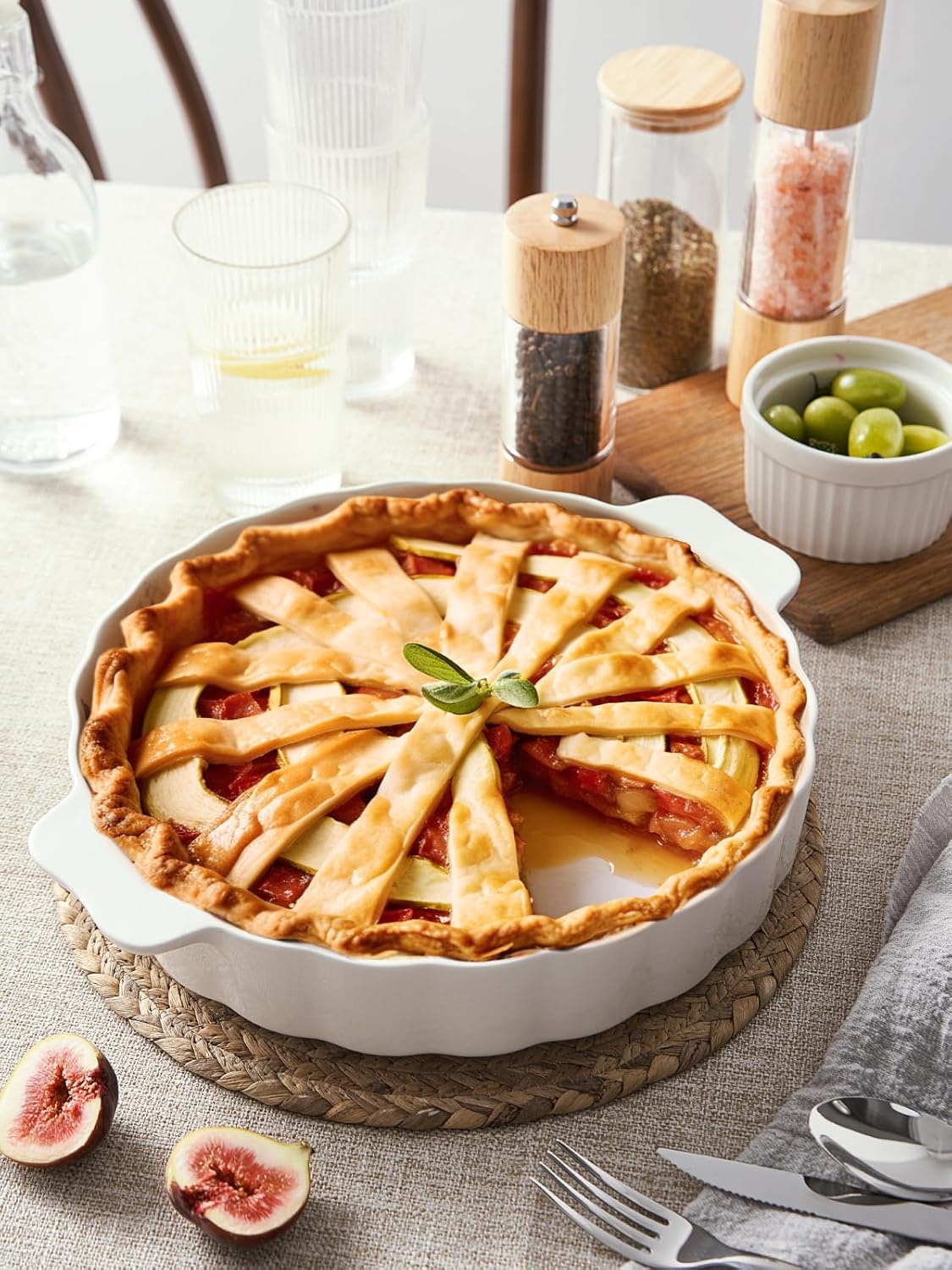 Samsle Ceramic Pie Pan - 13-Inch Round Baking Dish with Double Handles & Ruffled Edge | Oven Safe