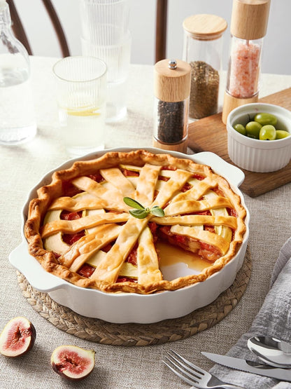 Samsle Ceramic Pie Pan - 13-Inch Round Baking Dish with Double Handles & Ruffled Edge | Oven Safe