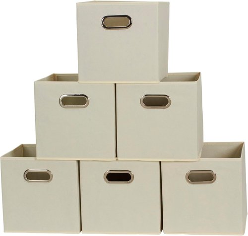 Fabric Storage Bins 6-Piece Set - Strong Poly-Woven Fabric, Sturdy Chipboard, Stackable & Foldable, Cream