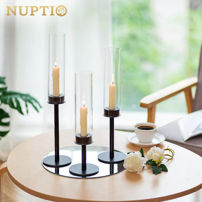 NUPTIO Black Candlestick Holders - Set of 3 Hurricane Taper Holders with Windproof Glass Cover for Elegant Table Decor