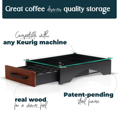 K Cup Storage Drawer Under Brewer by Saratoga Home - Compatible for Keurig Coffee Pod Holder, K Pod Holder for K Cups, K Cup Organizer Drawer With Solid Steel and Real Wood, K Cup Storage Organizer