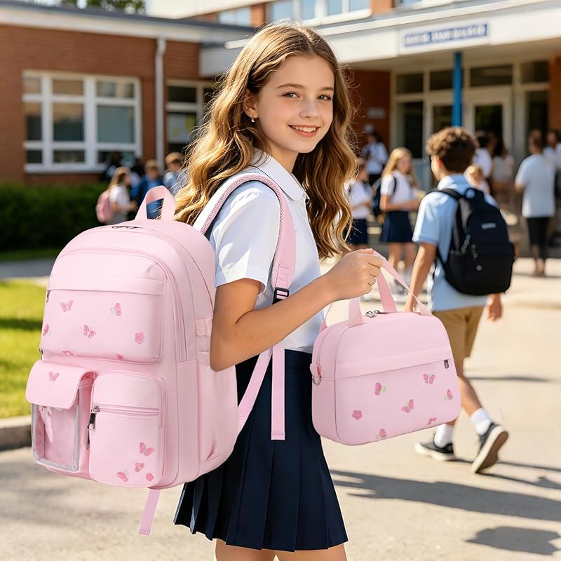 Embroidered 3Pcs Girls Backpack Set with Lunch Bag - Pink Bow Variation