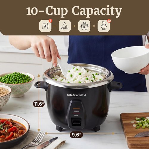 Elite Gourmet Electric Rice Cooker - 10-Cup Capacity with Stainless Steel Inner Pot | Perfect for Soups, Stews, and Grains