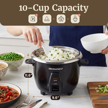 Elite Gourmet Electric Rice Cooker - 10-Cup Capacity with Stainless Steel Inner Pot | Perfect for Soups, Stews, and Grains