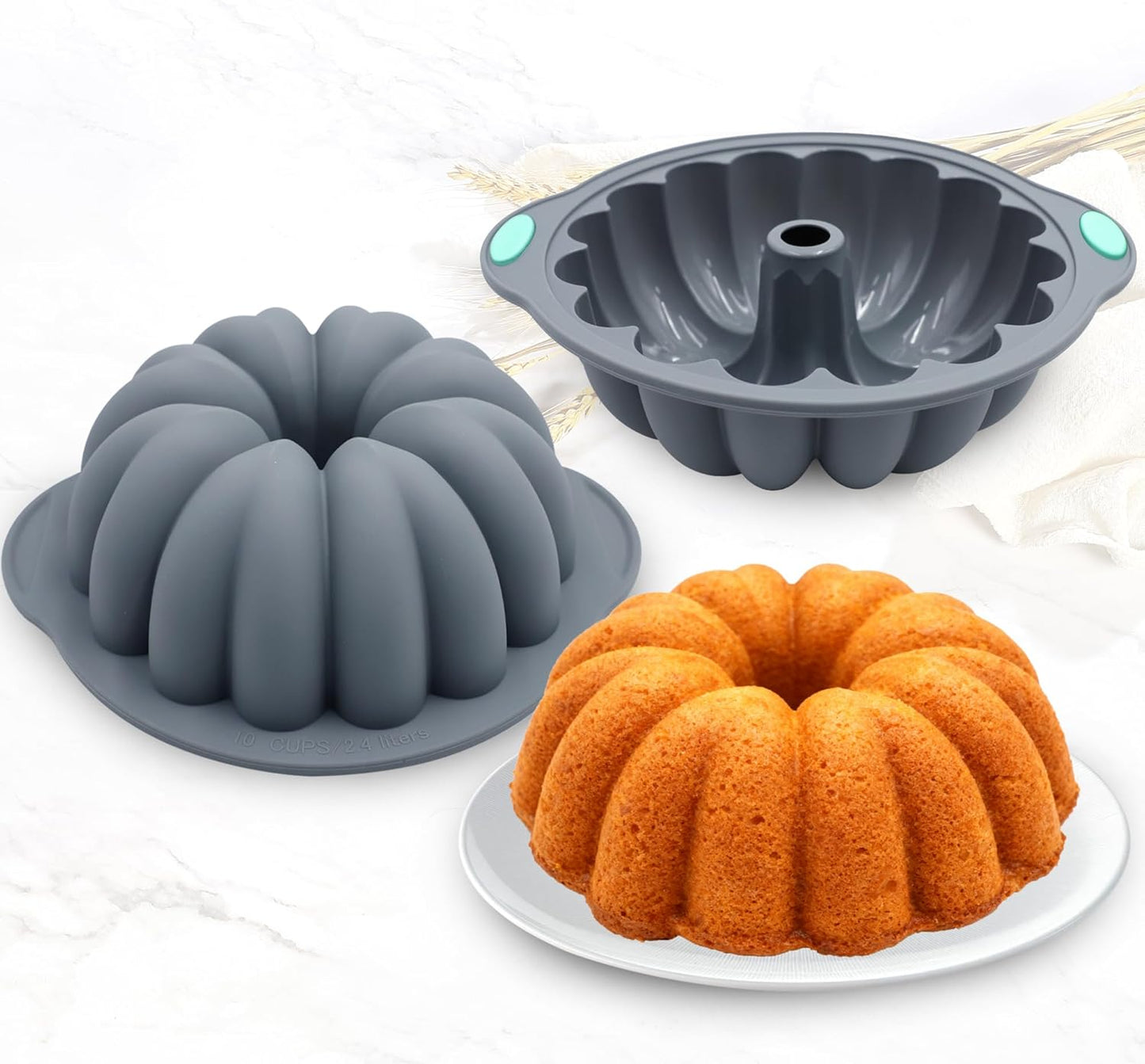 Tongjude Silicone Fluted Tube Cake Pans - 4 Pieces Non-Stick Baking Molds for Cakes, Jello & Bread | 10 Cups, Grey