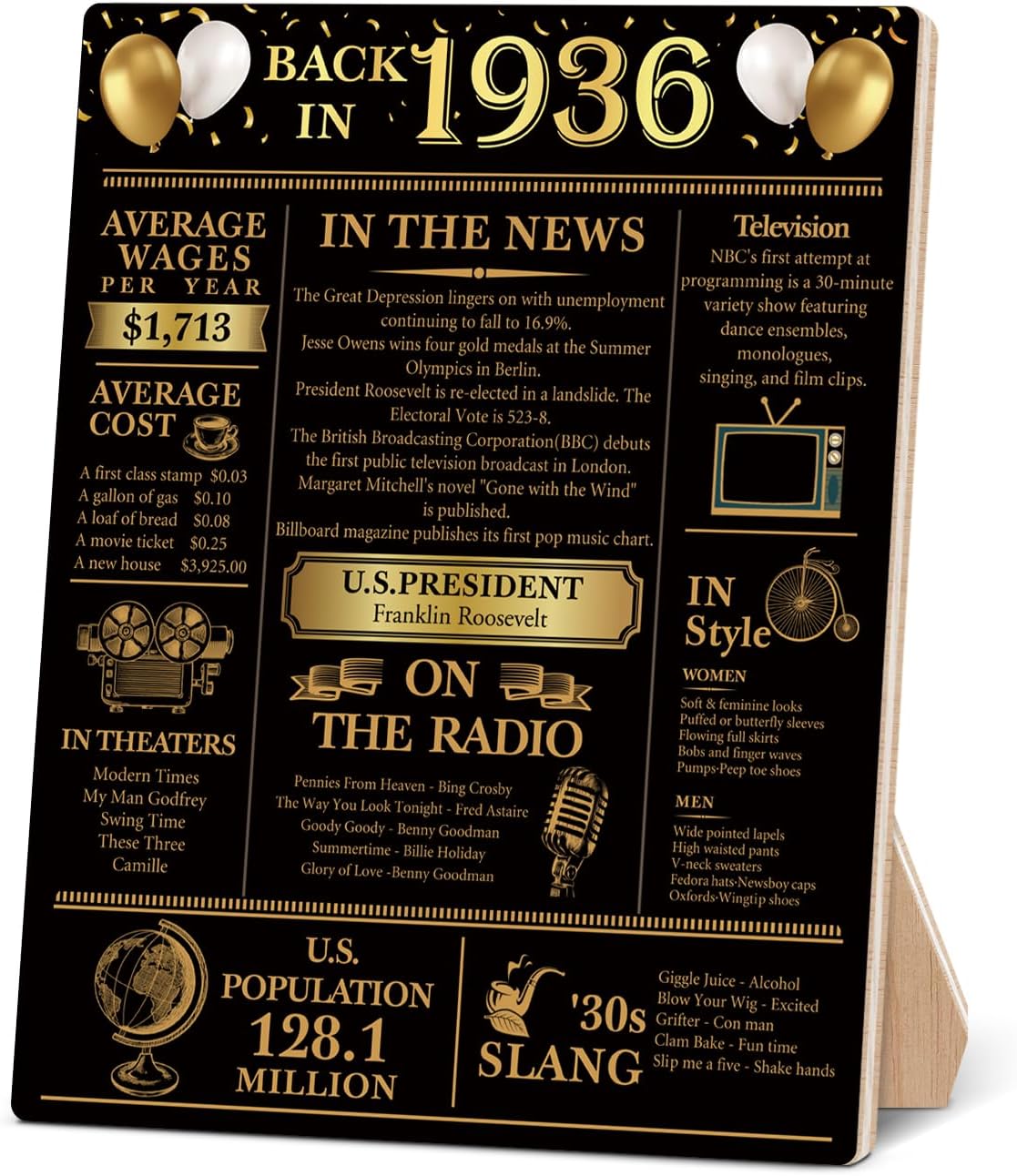 Regine Switzerland 90th Birthday Party Decorations - Elegant Black and Gold Back in 1936 Poster Sign