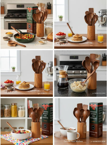 Skiennix 12-Piece Natural Teak Wood Utensil Set - Nonstick Cooking Spoons & Heat Resistant Tools