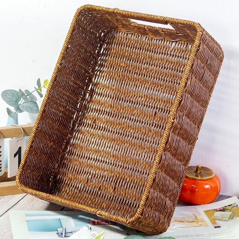 Plastic Storage Baskets - Durable Wicker Design for Pantry Organization | Set of 2, Dark Brown