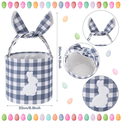 Paterr 4 Pack Easter Bunny Baskets Canvas Cotton Easter Egg Hunt Baskets with Foldable Rabbit Ears Handle DIY Empty Fluffy Tails Embroidered Bunny Buckets for Party Decorations Candy Gifts Storage