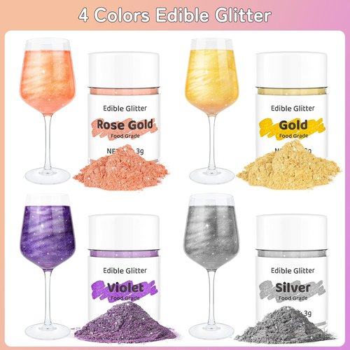 Cherrysea Edible Glitter Food Coloring - 4 Color Shimmer Powder Set for Cocktails & Beverages | Vegan & Gluten-Free - 3g/Bottle