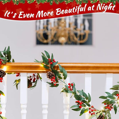 2 Pack 6ft Pre-lit Christmas Garland with Lights — Artificial Holly, Berries & Pine Cones (Variation: Willow Leaf)