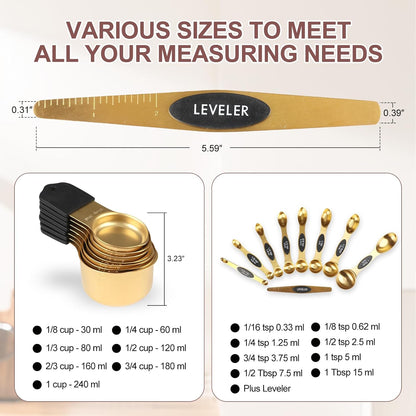 Skiennix 16-Piece Stainless Steel Measuring Cups & Spoons Set - Magnetic Nesting Design, Gold Finish