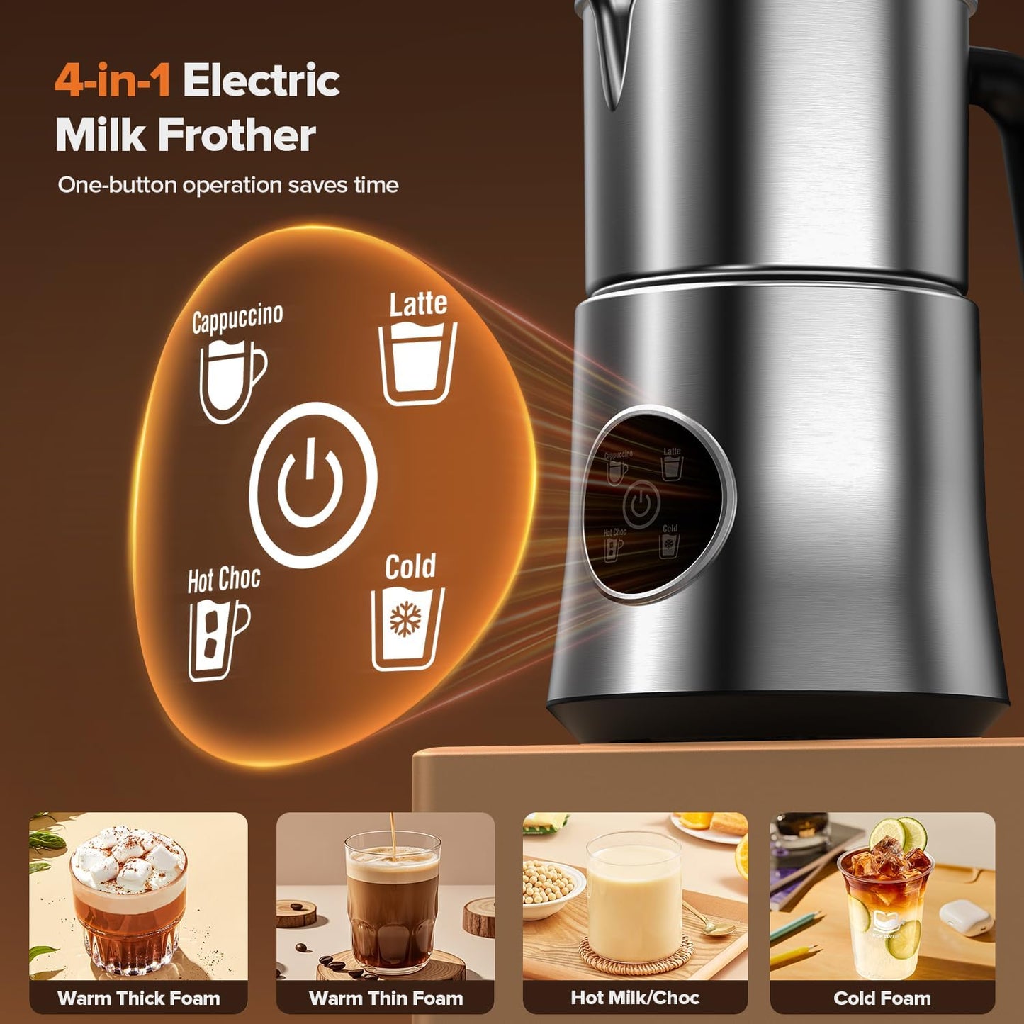 Skiennix Electric Milk Frother - Large Capacity Detachable Foam Maker | 30.44Oz Stainless Steel Jug