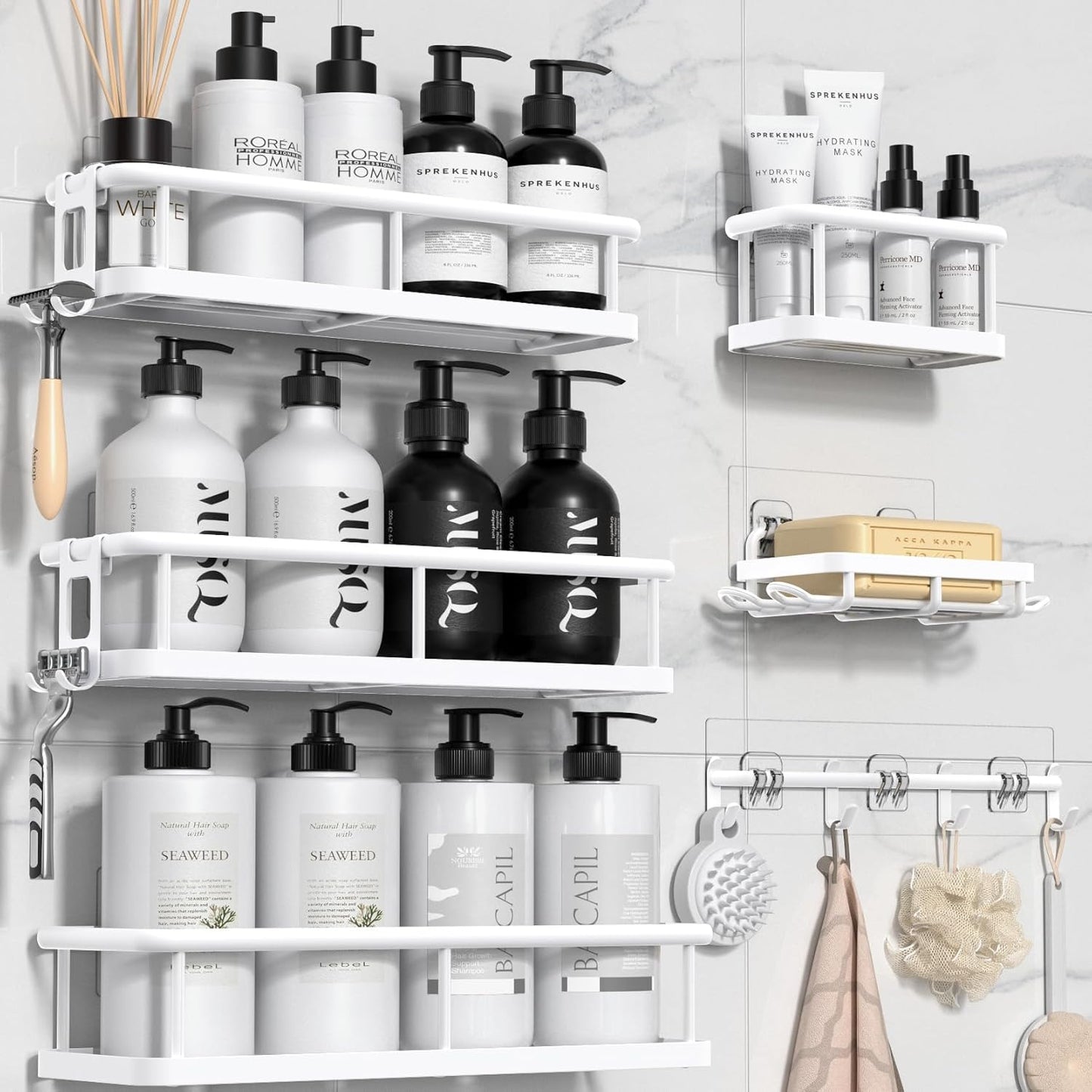 YASONIC Shower Caddy - Large Capacity Organizer with Soap Holder & 12 Hooks | Rustproof White Shelves