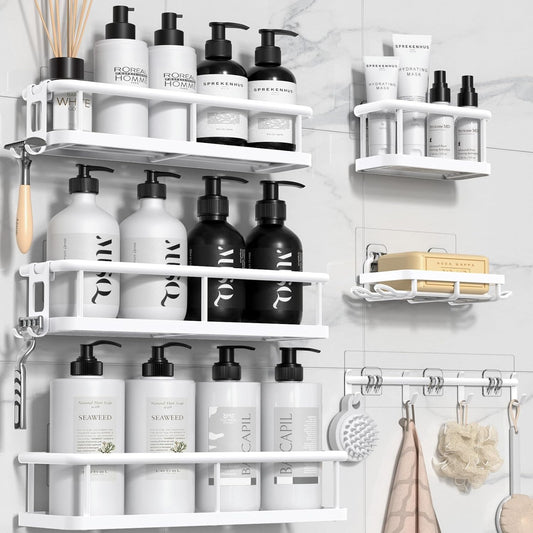 YASONIC Shower Caddy - Large Capacity Bath Organizer with Soap Holder & 12 Hooks | Rustproof White Shelves