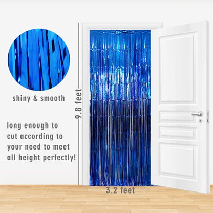 GOER Metallic Tinsel Foil Fringe Curtains - 3.2 ft x 9.8 ft Navy Blue Party Backdrop for Birthdays & Weddings