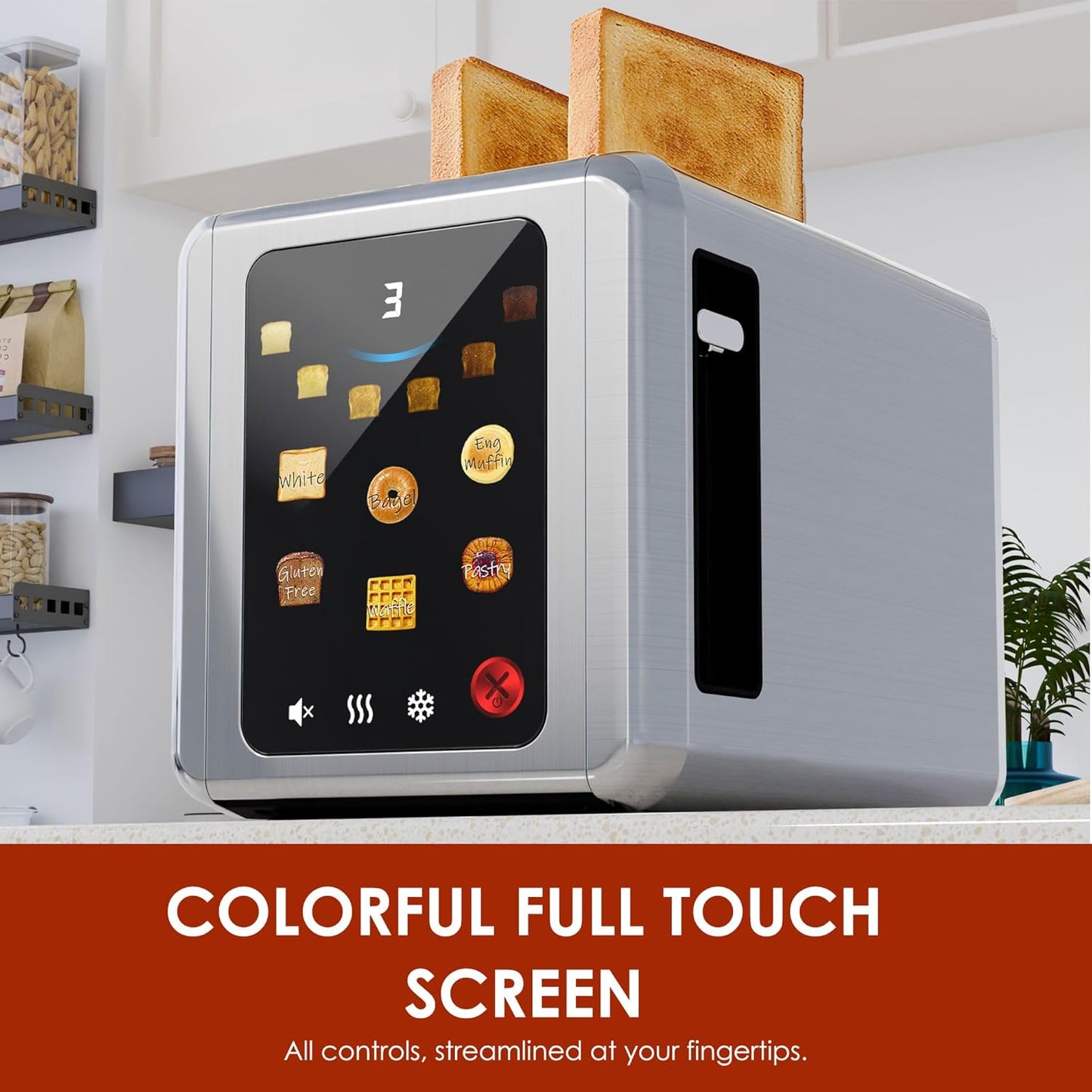 WHALL Touch Screen Toaster - 2 Slice Stainless Steel with Digital Timer & 6 Shade Settings | Extra Wide Slot, Silver