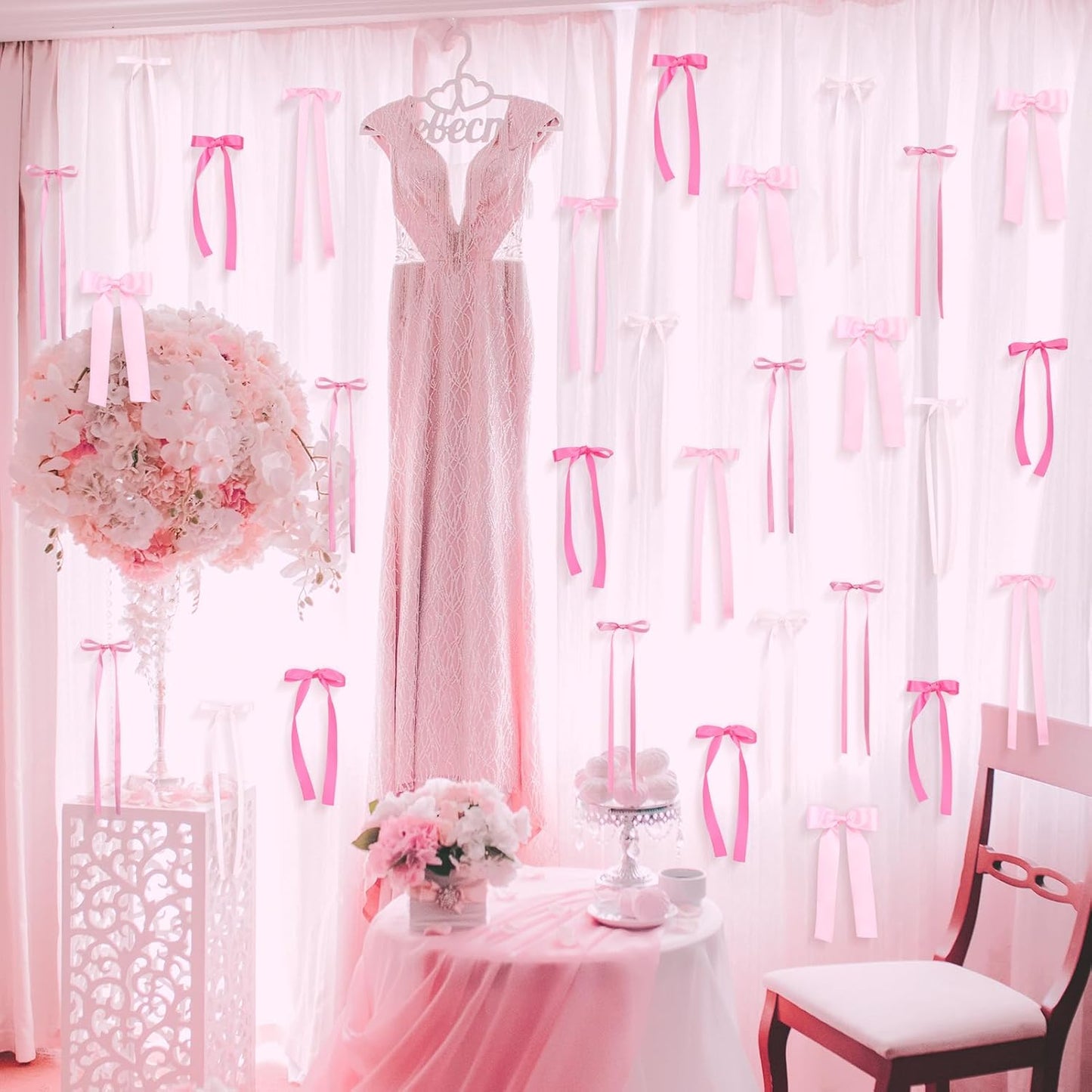 Skiennix 40Pcs Pink Bow Wall Decor - DIY Photo Backdrop & Garland for Birthday, Baby Shower, Bachelorette Parties