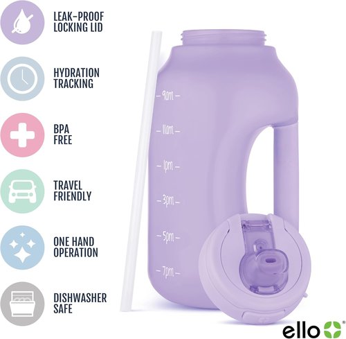 Ello Hydra 64oz Half Gallon Water Jug - Motivational Time Markers & Leak-Proof Lid | BPA-Free, Reusable Bottle
