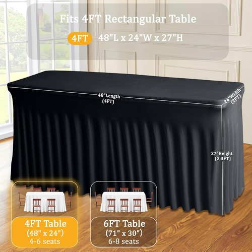JCJ Table Skirt - Fitted Black Spandex Tablecloth for 4FT Rectangle Tables | Wrinkle-Resistant Design