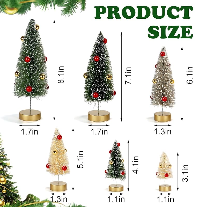 Sync-5081: 6-Pack Mini Frosted Bottle Brush Christmas Trees - Assorted Sizes