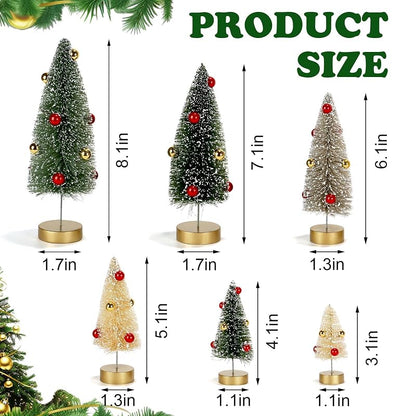 Sync-5081: 6-Pack Mini Frosted Bottle Brush Christmas Trees - Assorted Sizes