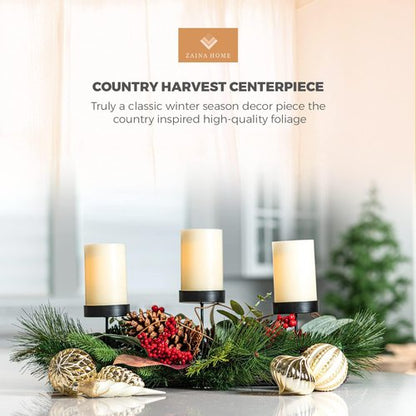 Country Harvest - Handcrafted Christmas Centerpiece | Elegant Eucalyptus Leaves & 3 Candle Holders