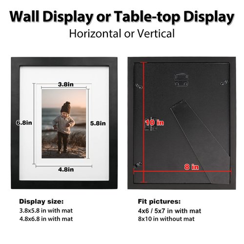 KINLINK 8x10 Picture Frame Black, Solid Wood Frames with Acrylic Plexiglass for Pictures 4x6/5x7 with Mat or 8x10 without Mat, Tabletop and Wall Display Photo Frame, Set of 4