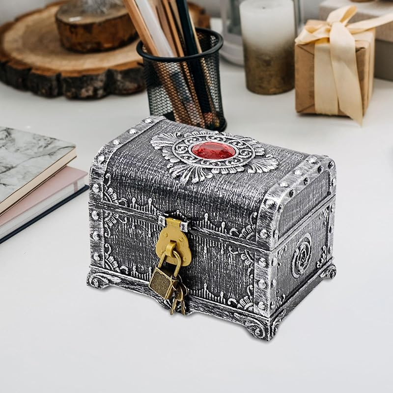 Ancient Silver Pirate Treasure Box with Lock - Kids Jewelry Storage Chest 14x11x10.5 cm