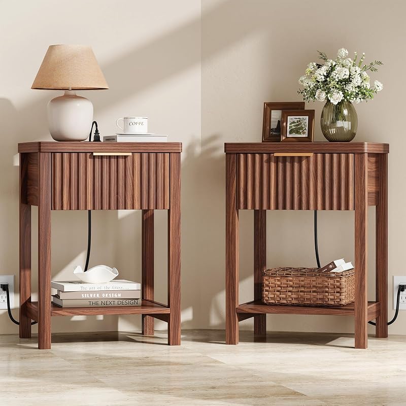 Walnut Fluted Nightstand Set 2 with Storage Drawer, 2 USB & 2 AC Outlets