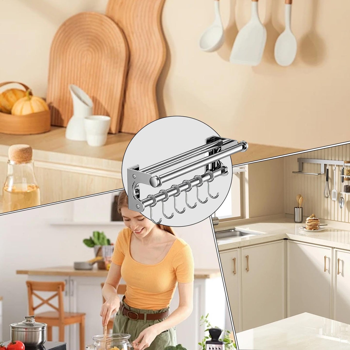 semofcen Kitchen Utensil Holder Hanger 30/40/50CM Stainless Steel Multifunctional Slide Rail Hook Space Saving Utensil Rack No Drilling Kitchen Rail for Hanging Cooking Utensils Mugs Spoons