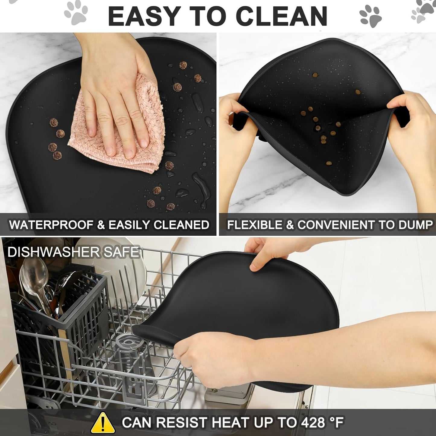 Skiennix Small Silicone Pet Food Mat - Waterproof Raised Edge for Dog & Cat Bowls | 12 x 12 x 0.7 Black