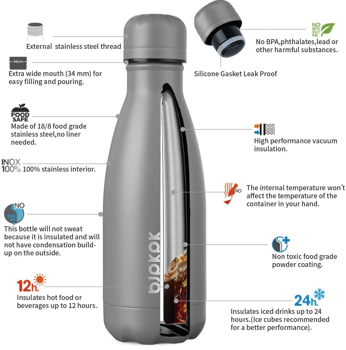 BJPKPK 12oz Stainless Steel Water Bottles Insulated Water Bottle Travel Sports Dishwasher Safe Water Bottles,Gray