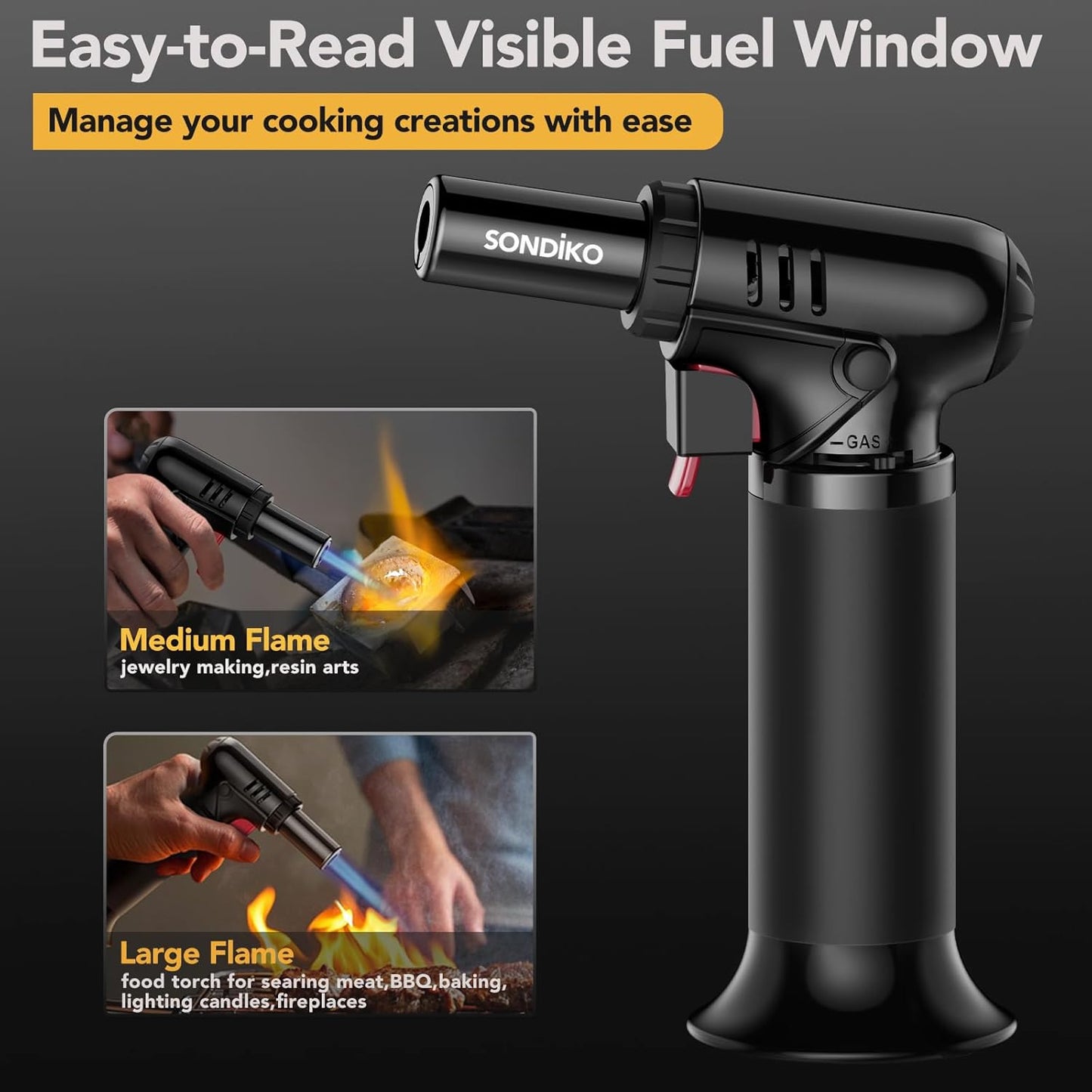 Sondiko Butane Torch Lighters - Refillable Soldering Torch with Adjustable Flame | 2 Pack with Fuel Window