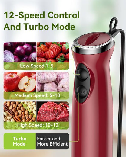 Abuler Immersion Blender - 5-in-1 Hand Mixer with 12 Speeds & 1000W Power | Includes 600ml Beaker & Chopper