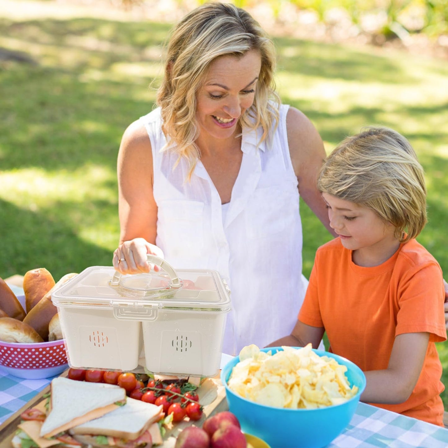 TAROSE Divided Serving Tray with Lid and Handle, Portable Snack Containers Snackle Box Snack Tray with Lid, Veggie Tray Charcuterie Boxes Fruit Tray Candy Organizer (4 Compartments)