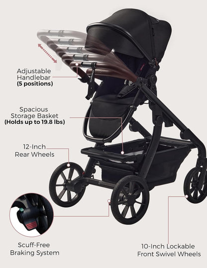 Momcozy Convertible Baby Stroller - 23 Configurations, Carry-Cot & Seat Included, Large PU Wheels | All-Wheel Suspension & UPF50+ Canopy