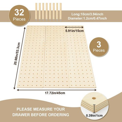 Kigley 3 Pcs Wood Pegboard Drawer Organizer with 32 Pegs Wooden Peg Board Drawer Shelf Organizer Adjustable Peg System for Dishes Plate Pot Container Cookware Utensil Kitchen(20.98 x 5.91 in)