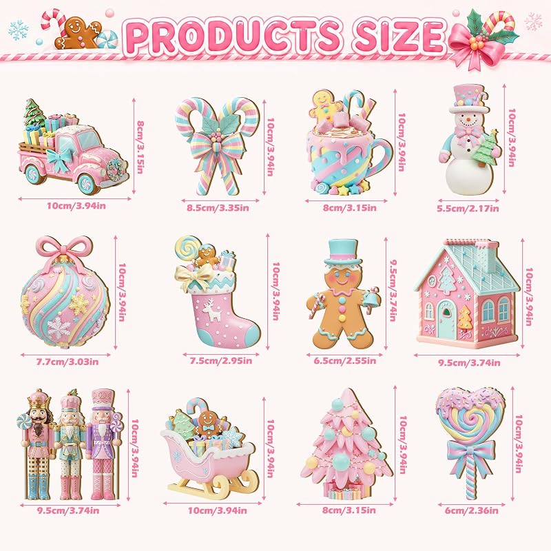 Candy Themed Christmas Table Decor Set, 12 Wooden Centerpieces – Pink Pastel Nutcracker, Snowman, Truck & Gingerbread (Variation: Candy)
