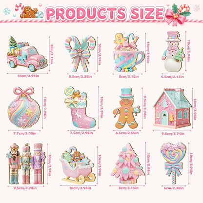 Candy Themed Christmas Table Decor Set, 12 Wooden Centerpieces – Pink Pastel Nutcracker, Snowman, Truck & Gingerbread (Variation: Candy)