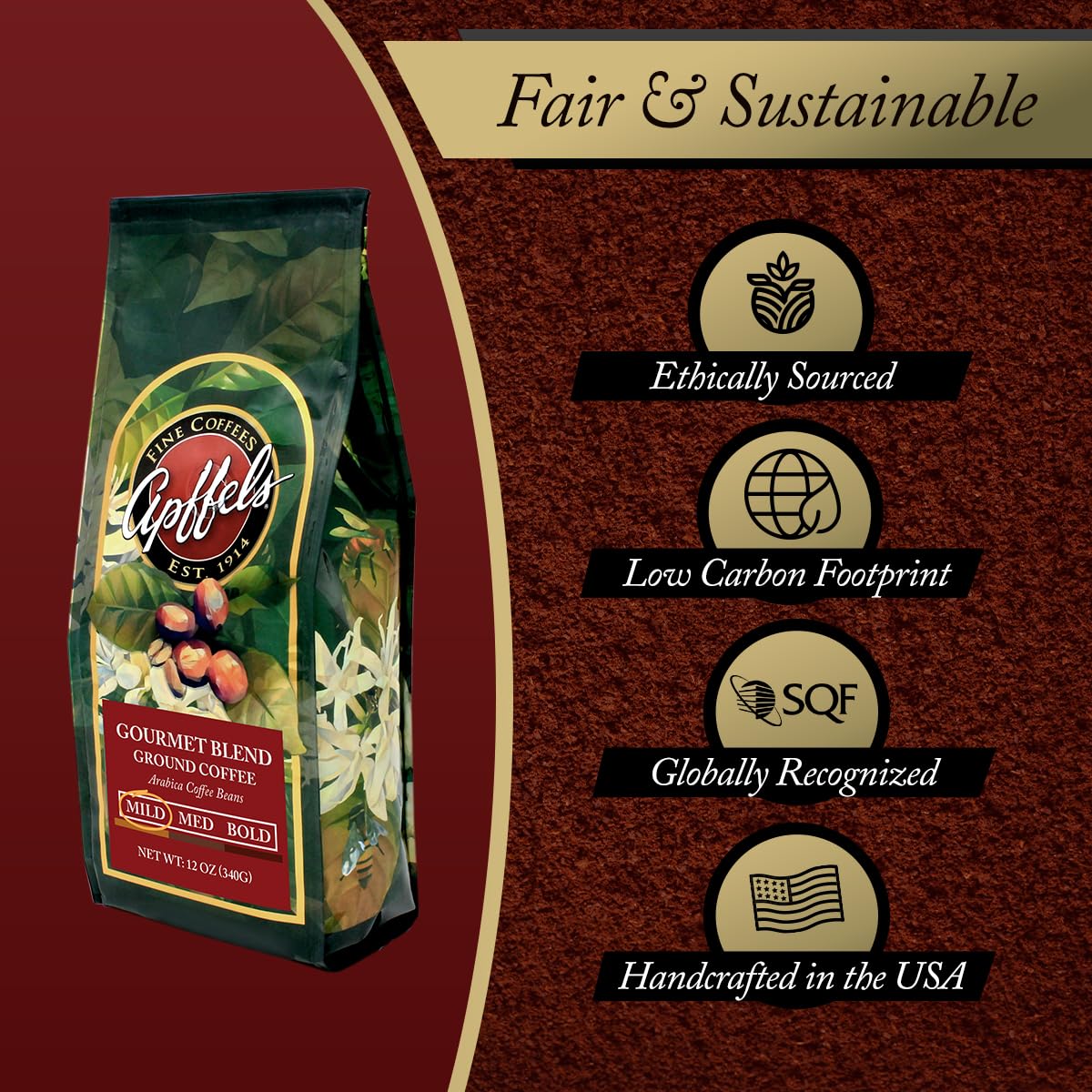 Apffels Gourmet Blend - Ground - Medium Roast - 100% Arabica Coffee - Non-GMO - 12 oz bag