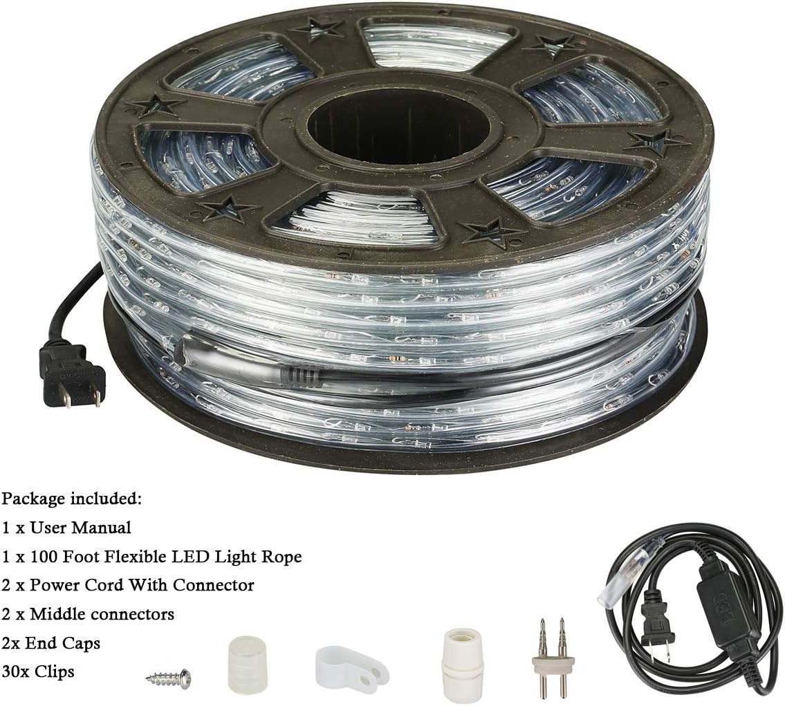 Skiennix 100Ft LED Rope Lights - Warm White, Waterproof Indoor/Outdoor, Cuttable Design for Garden & Holiday Decor