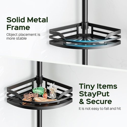 HAMITOR Shower Caddy Tension Pole - Rustproof Adjustable Bathroom Corner Shelf | 47-121 Inches - Black