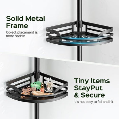 HAMITOR Shower Caddy Tension Pole - Rustproof Adjustable Bathroom Corner Shelf | 47-121 Inches - Black