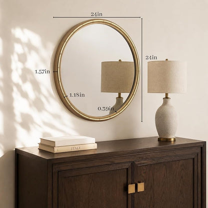 24 Inch Gold Round Wall Mirror with Bamboo Textured Frame - Decorative Vanity Circle Mirror (24"L x 24"W)